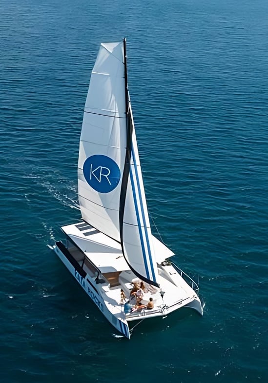 an aerial view of a catamaran sailing in the ocean at Phuket - Andaman sea - Thailand- Party boat - luxury charter 