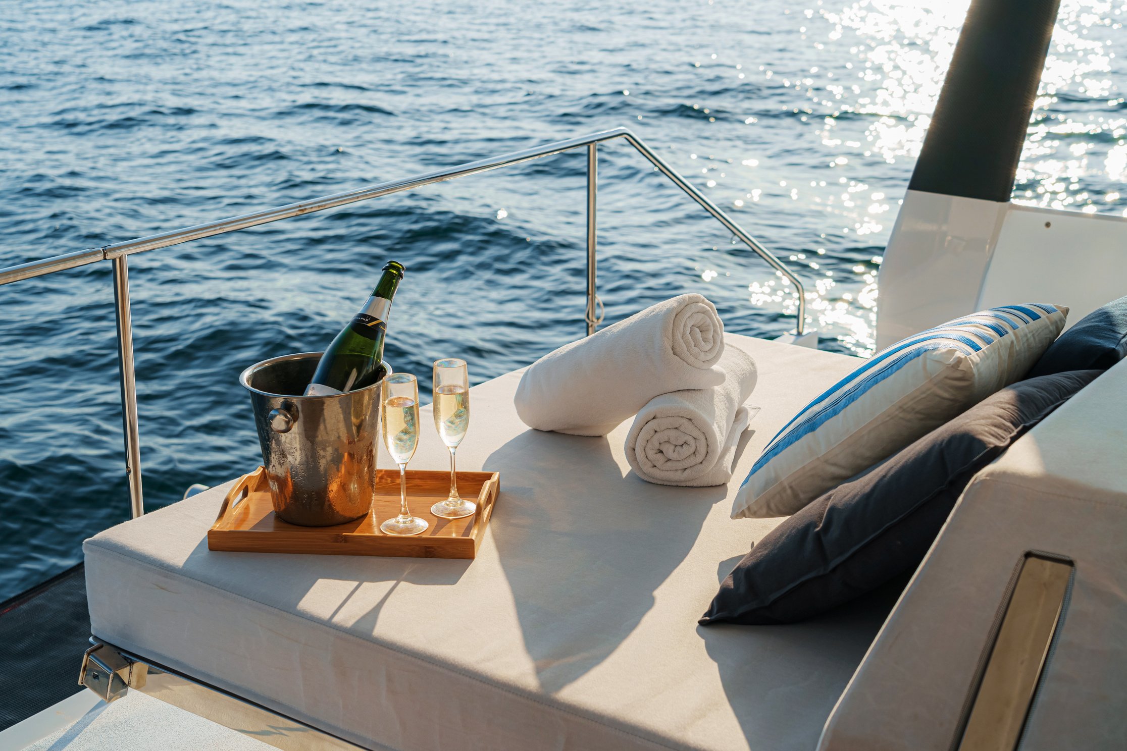 inside our sailing beach club catamaran, luxury at sea