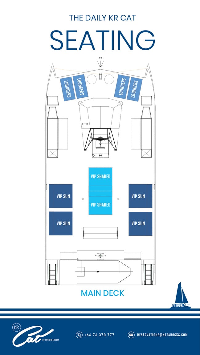 the seating plan for the main deck of the KR sailing catamaran in Phuket. Choose your seating, day beds, loungers. All for our VIP guests